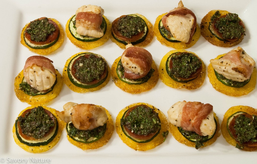 Polenta Rounds with Zucchini, Kale Pesto and Bacon-Wrapped Chicken