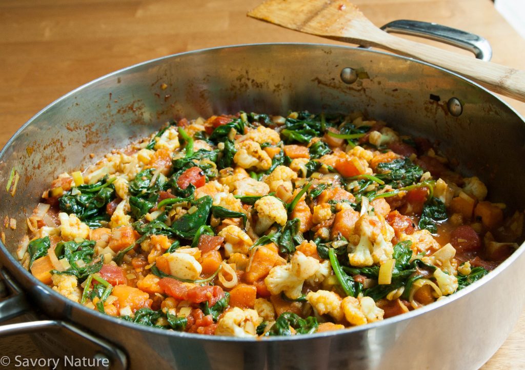 Moroccan Sweet Potato Spinach and Cauliflower Curry